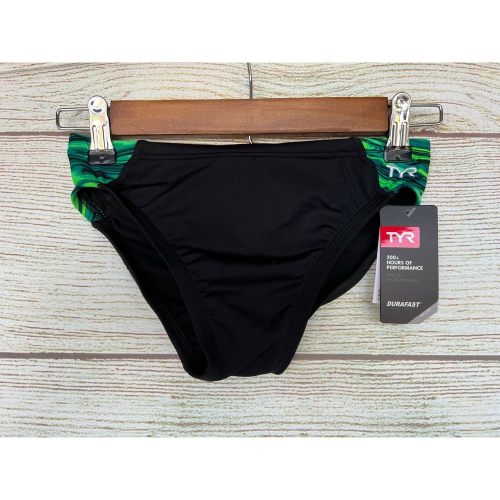 TYR Swim Brief Mens Size 26 Black Green HydraRacer Swim Briefs - UPF 50+ New $44